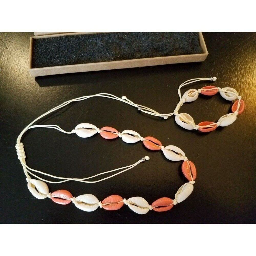 Necklace & Bracelet Set Scione Shells Slide Twine Creamy White & Coral Pink - Picture 7 of 7